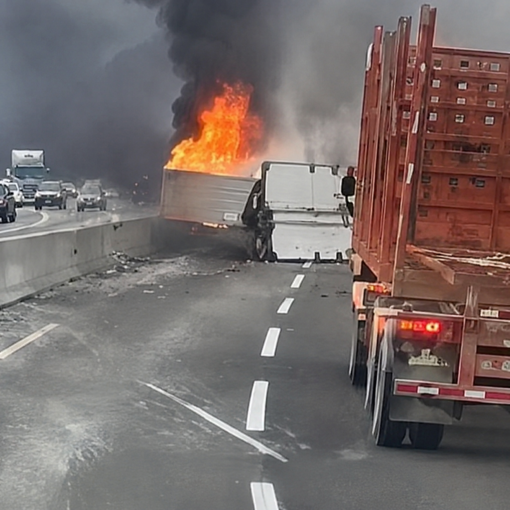 Dramáticas imágenes en la Ruta Itata: Camión volcó y se incendió frente a decenas de automovilistas
